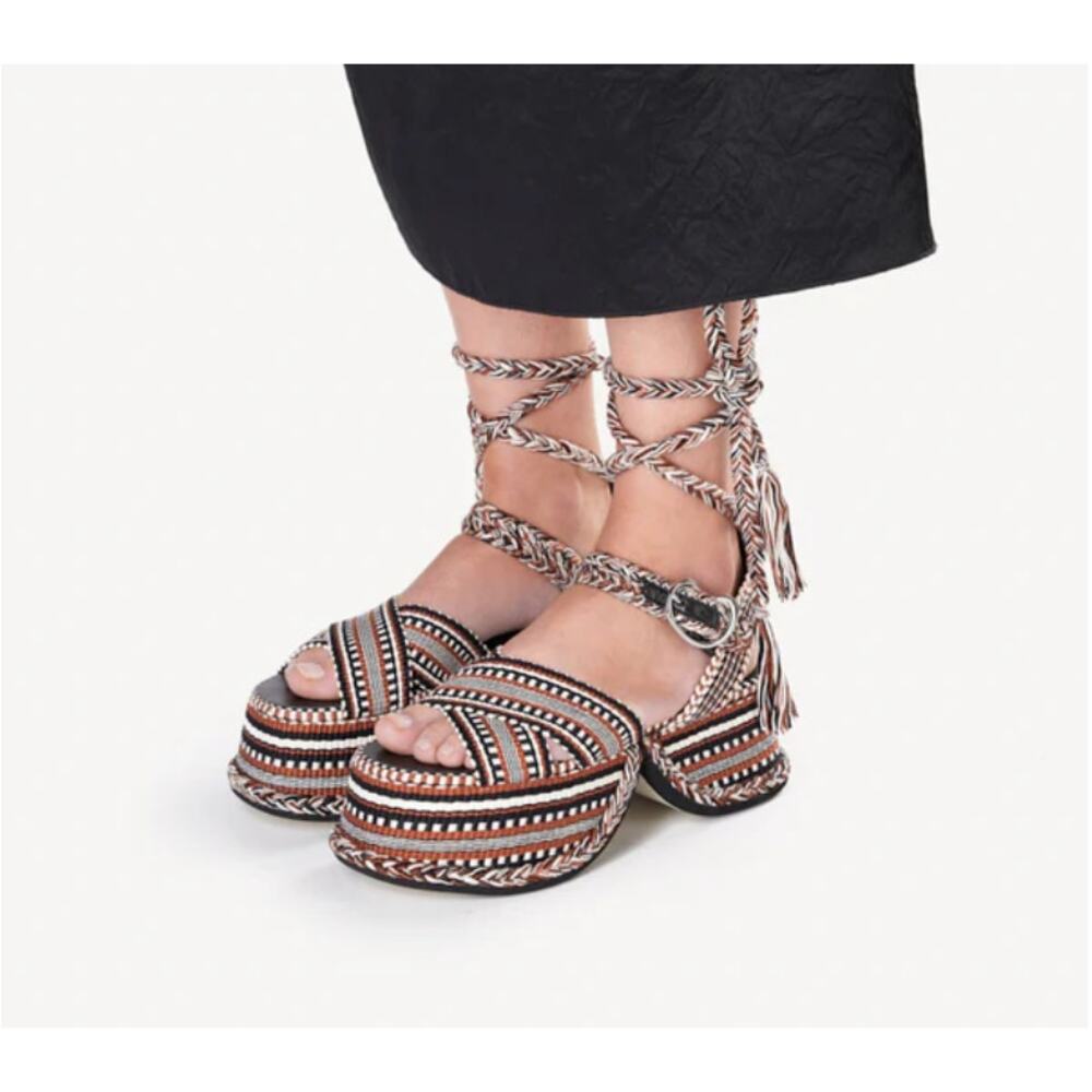 Free People x Amambaih Beatriz High Platform Wrap Sandals Cognac US 8/EU 38 NEW